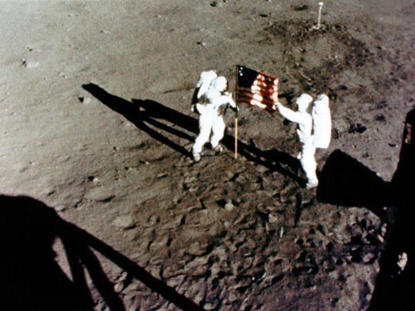 Apollo 11 Armstrong and Aldrin erect the Stars and Stripes 