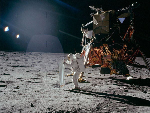 Apollo 11 Aldrin erects the Solar Wind Collector